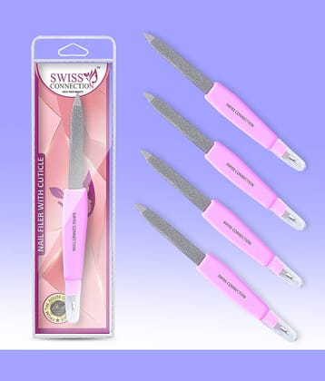 Swiss Connection 2 in 1 Metal Nail Filer, Manicure Tool With Cuticle Remove - Designed to Achieve Strong, Elegant, and Healthy Nails, Durable Stainless Steel - Silver for Women and Men multicolor (Pack of 4)