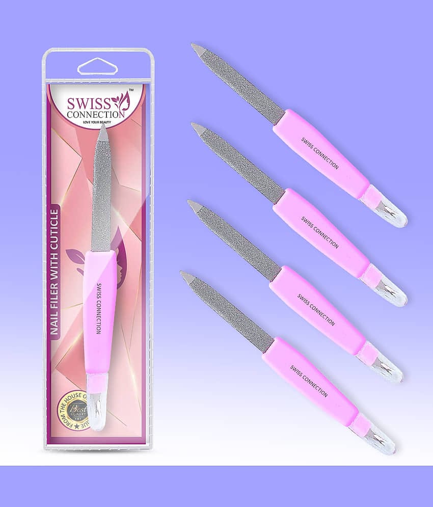 Swiss Connection 2 in 1 Metal Nail Filer, Manicure Tool With Cuticle Remove - Designed to Achieve Strong, Elegant, and Healthy Nails, Durable Stainless Steel - Silver for Women and Men multicolor (Pack of 4)