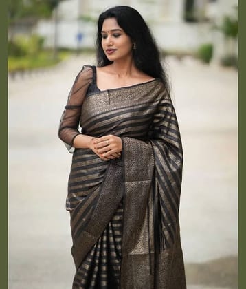 fab woven Art Silk Woven Design Banarasi saree With Unstitched Blouse Piece ( Black )