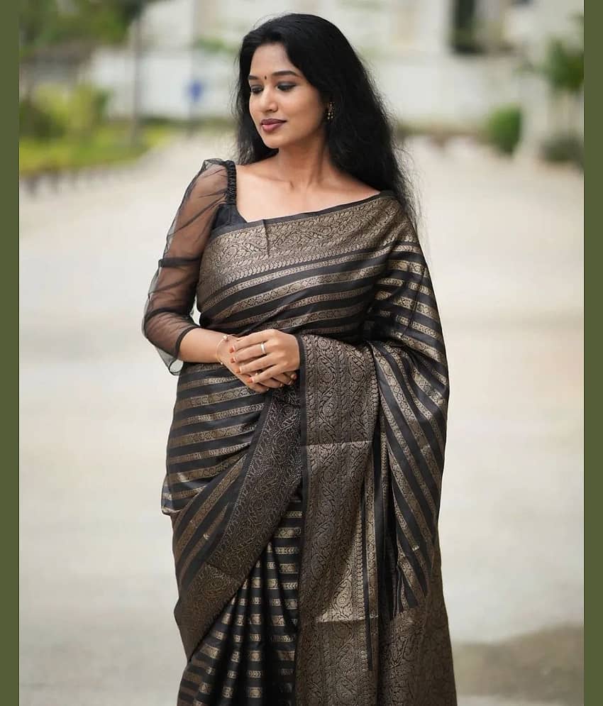 fab woven Art Silk Woven Design Banarasi saree With Unstitched Blouse Piece ( Black )