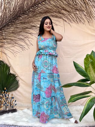 Blue Tie-Strap Boho Maxi Dress-S