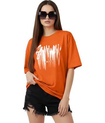 Leotude Women Cotton Blend Printed Oversized Fit Round Neck T-Shirt ( Orange )