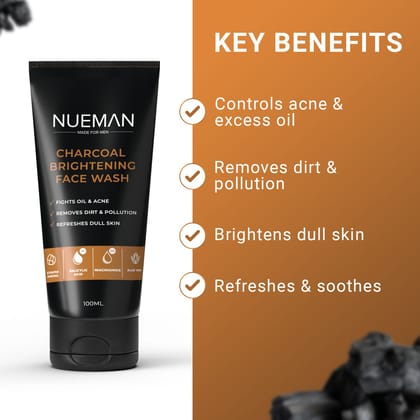 NUEMAN Charcoal Brightening Face Wash | For Men | All Skin Types | With Salicylic Acid, Niacinamide, Aloe Vera & Neem | Fights Acne, Oil, Dullness | Dermatologically Tested