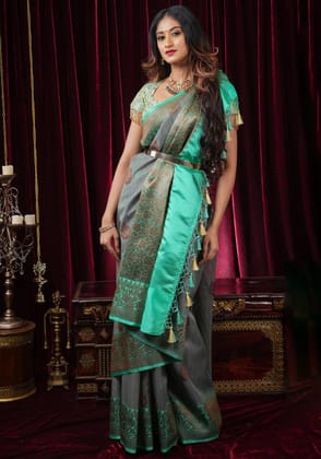 Gray Tussar Silk Banarasi Saree with Antique Tone Zari and Mint Green contrasting borders | SILK MARK CERTIFIED