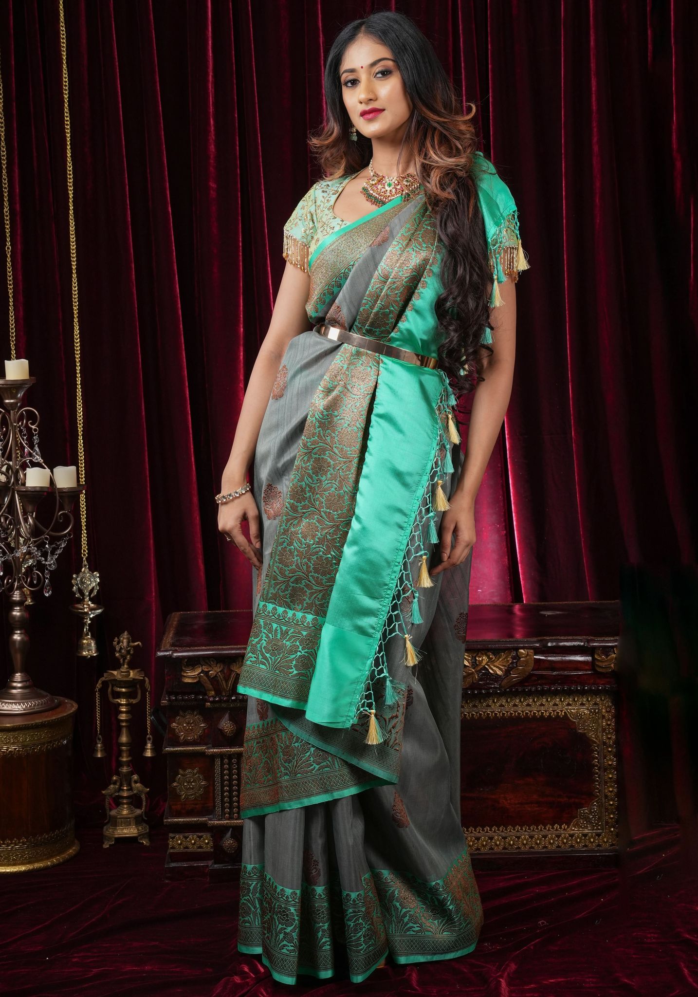 Gray Tussar Silk Banarasi Saree with Antique Tone Zari and Mint Green contrasting borders | SILK MARK CERTIFIED