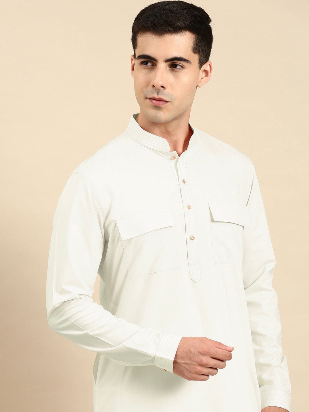 Cream Cotton Pathani Kurta Set with Patch pocket-L/42 / Only Pathani - No Lowers