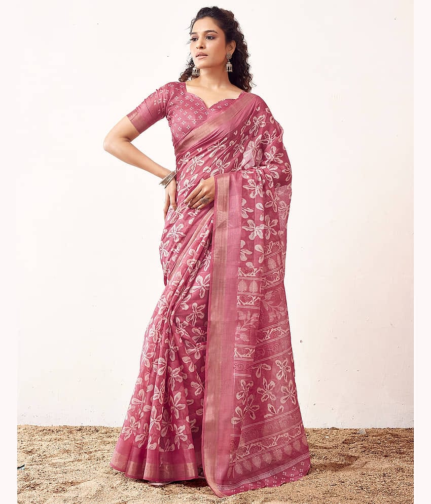 Samah Cotton Blend Printed Saree With Unstitched Blouse Piece ( Pink )
