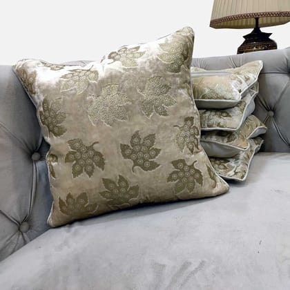 Cream Ivory Cushion Cover with Leaf Zari Embroidered Stitched Zippered Velvet Cushion Cover (Off White ) | 16X16 Inches | 40cm * 40 cm I Set of 5