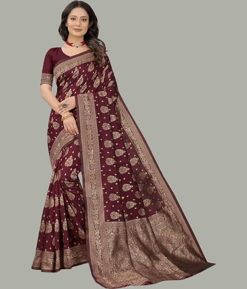 GARIYA Banarasi Silk Embellished Saree With Unstitched Blouse Piece ( Coffee )