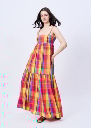 Rosette (red check braided straps maxi dress)-Red / XS