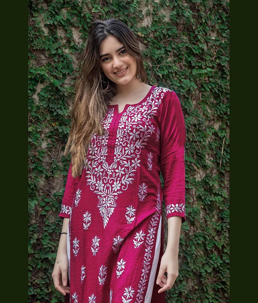 anushansa Women's Cotton Blend Embroidered Straight Kurti - ( Pink )