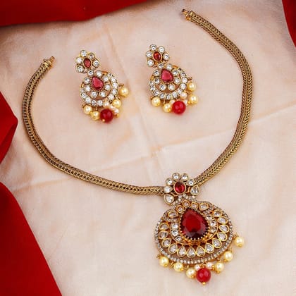 Elegant Red and Gold Goddess-Inspired Necklace Set with Pearl Accents