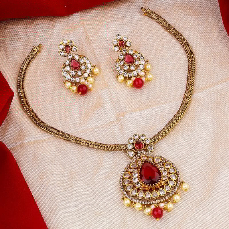 Elegant Red and Gold Goddess-Inspired Necklace Set with Pearl Accents
