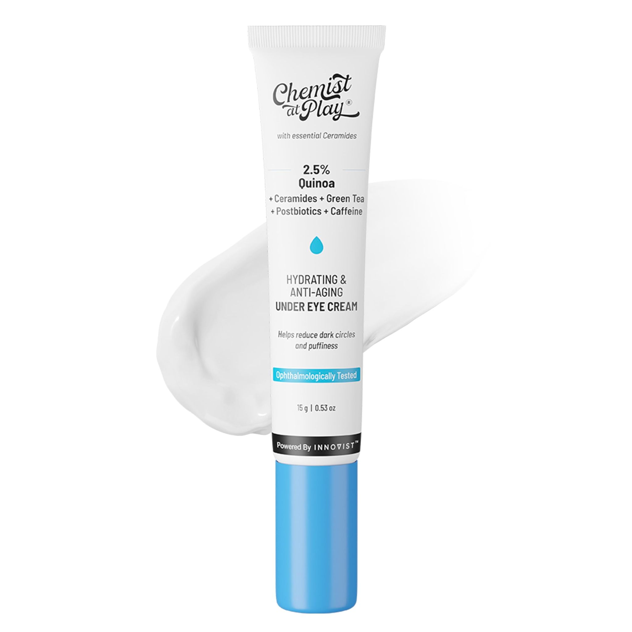 Chemist At Play Under Eye Cream with 2% Revital Eye & Quinoa Extract | For Reducing Dark Circles, Puffiness, Wrinkles, Crows Feet | Lightweight, Hydrating | Plant-Based Ceramides | 100% Vegan | Cooling Gel & Roller for Men & Women | 15 g Chemist At Play