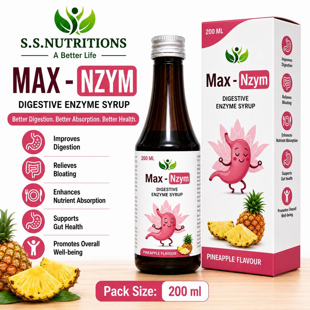 Max - Nzym Digestive Syrup Pineapple Flavour Bottle - 200ml