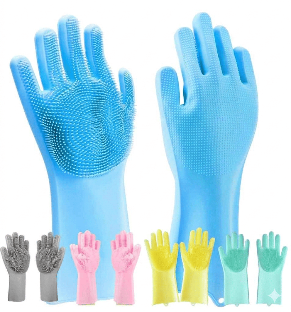 Silicone Dishwashing Gloves with Scrubber Bristles, for Dish Washing, Car Cleaning, Pet Bathing and Laundry, Multicolor, 1 pair