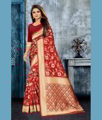 Gazal Fashions Banarasi Silk Printed Saree With Unstitched Blouse Piece ( Maroon )