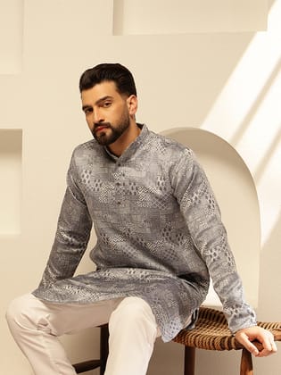 Men's Jacquard Silk Woven Design Blue Kurta With White Pyjama-36