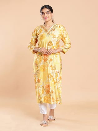 Kalyan Silks Orange & Yellow Shaded Floral Printed Yellow Kurti Top