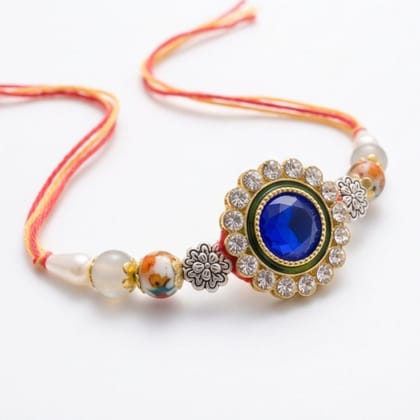 Designer Blue Gemstone Floral Rakhi (set of 2)