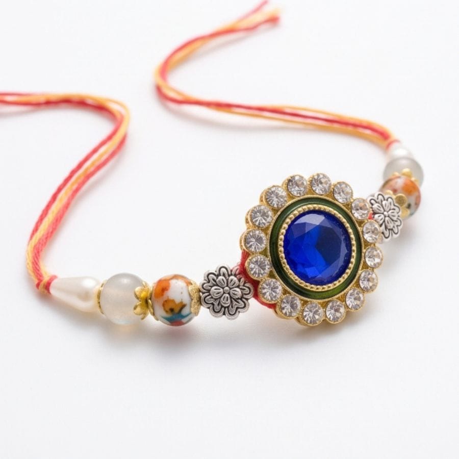 Designer Blue Gemstone Floral Rakhi (set of 2)