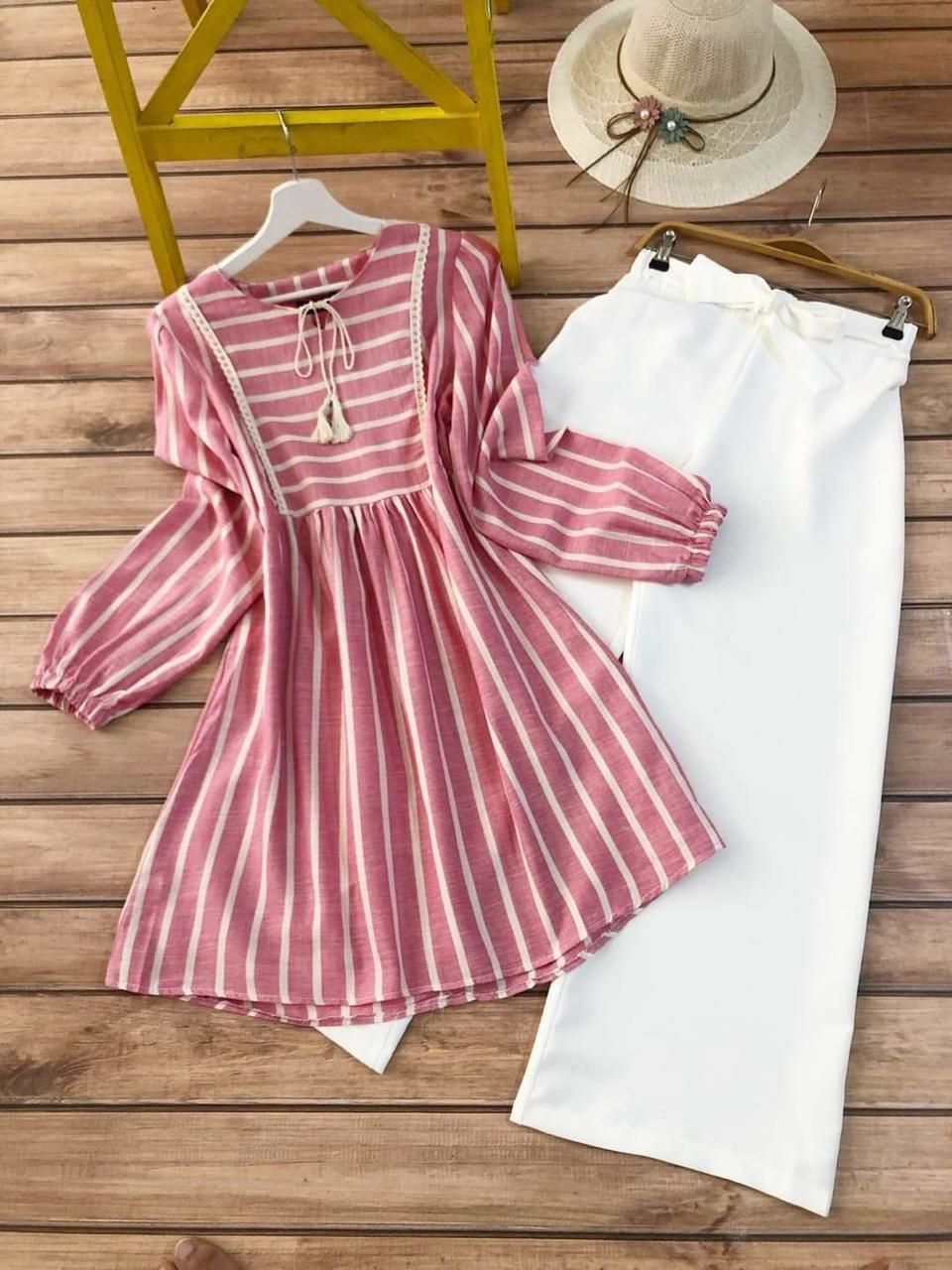 Light Pink Line Designing Esthetic Kurti with Palazzo by GlamaStitch-M