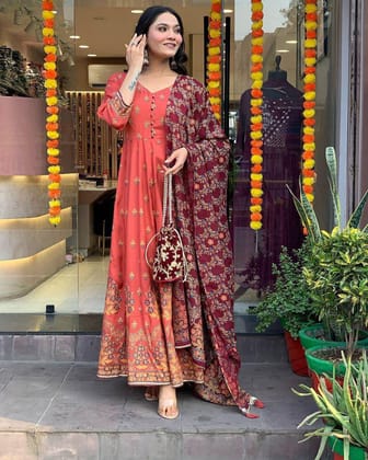 Anarkali Suit Set Women Kurta Set with Dupatta Women's Embroidery Designer Cotton Anarkali Kurta Pant Dupatta Suit-M / Orange