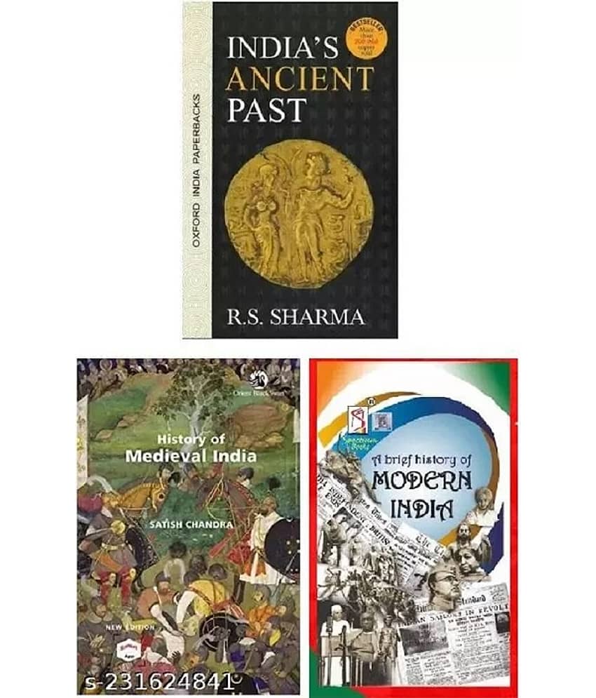 India's Ancient Past by R S Sharma + History of Medieval India Satish Chandra + Spectrum A Brief History Of Modern India By Rajiv Ahir Latest Edition English Paperback
