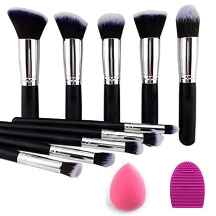 URBANMAC Premium Synthetic Kabuki Foundation Face Powder Blush Eyeshadow Brush Makeup Brush Kit with Blender Sponge and Brush Cleaner (10 pcs, Black/Silver) URBANMAC Premium Synthetic Kabuki Foundation Face Powder Blush Eyeshadow Brush Makeup Brush Kit w