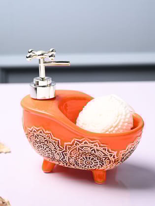 Ceramic Orange Bath Tub Shaped Soap Dispenser - Embossed Glossy Finish