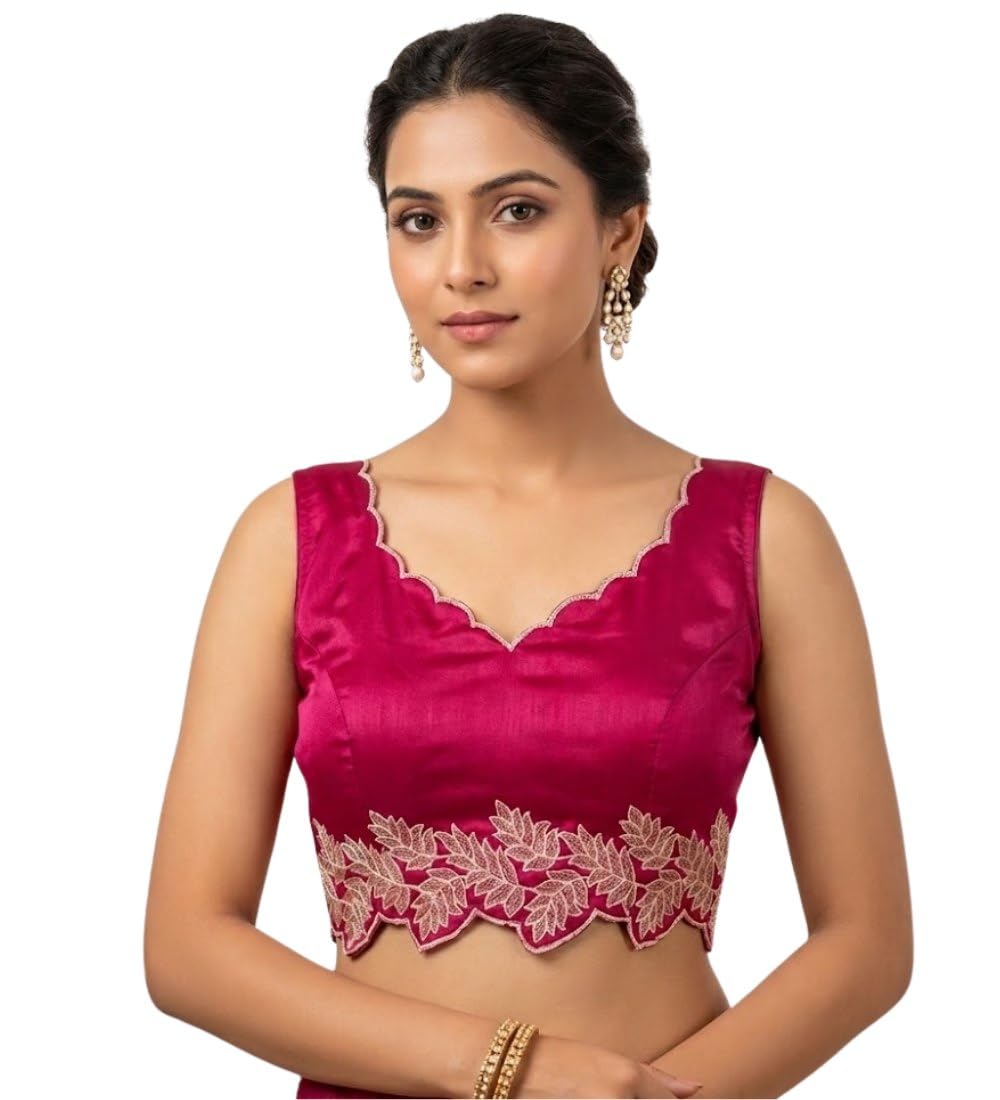 Women's Silk Embroidered Sweetheart Neck Sleeveless Readymade Padded Blouse (Pink, Size 38)-PID66642