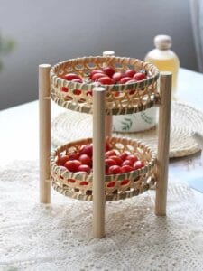 Handicraft Exim Two-Tier Wooden Fruit Basket | Natural Wood Finish | Kitchen Countertop Storage