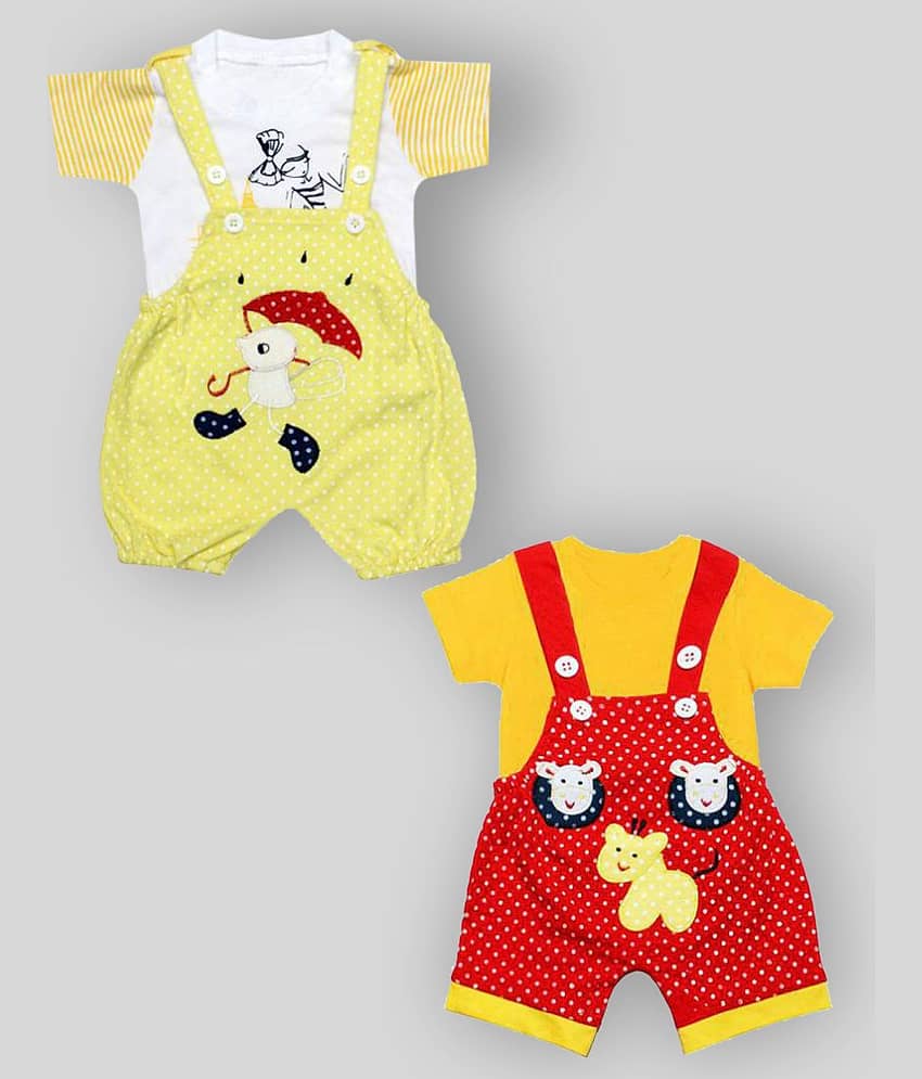 Babeezworld Pack of 2 Baby Girls Cotton Dungarees ( Multicolor )