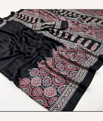 Sanwariya Silks Crepe Printed Sambalpuri Saree With Unstitched Blouse Piece ( Black )