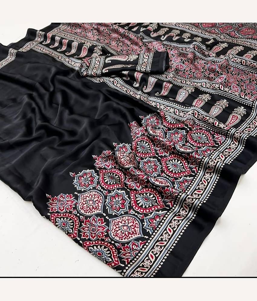 Sanwariya Silks Crepe Printed Sambalpuri Saree With Unstitched Blouse Piece ( Black )
