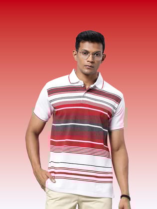 Mens Striped White Polo Collar Pure Cotton T-shirt-M
