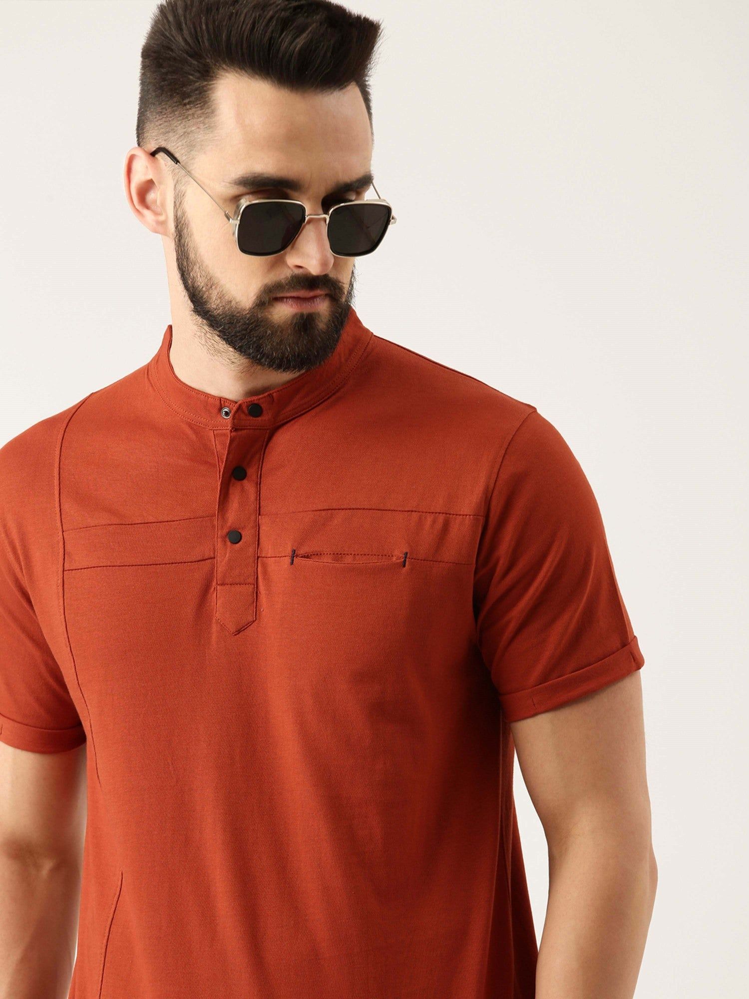 Rusty Orange Mandarin Collar T-shirt-S / Rust Orange