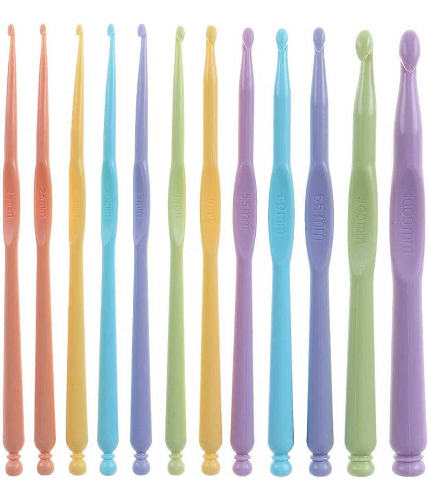 Pindia 12 Pcs Multicolor Plastic Crochet Knitting Needle Set for Sewing Craft Yarn (2.0 - 10.0mm)