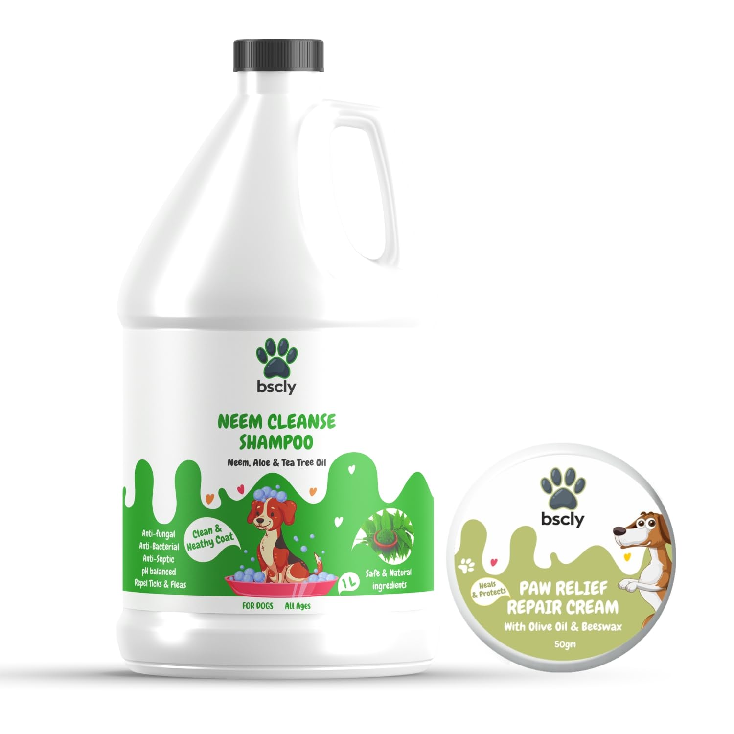 Bscly Neem Cleanse Dog Shampoo, 1000 ml + Paw Cream, 50 gm (Combo) - Ticks & Fleas Prevention - Enriched with Neem, Aloe and Tea Tree Oil - Moisturizes & Heals Skin - for All Pets