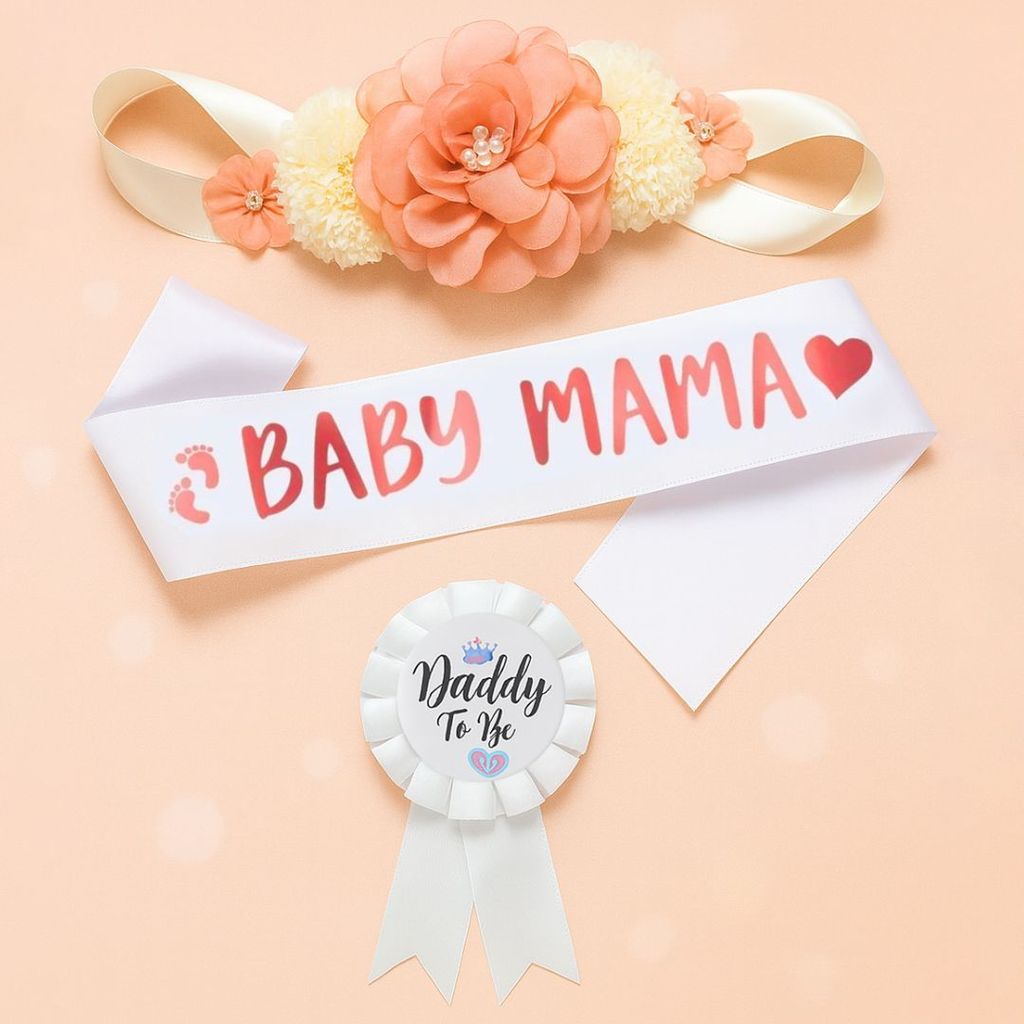 Mom to Be Sash, Maternity Belly Band and Dad to Be Pin Badge for Baby Shower Gift for ExpectingParents - Set of 3 - Party and Festive Needs | Buy online on ZillyBuy