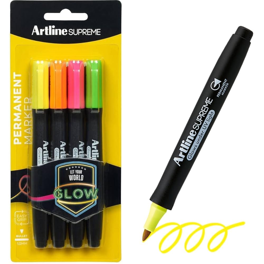 Artline Supreme UV Glow Permanent Marker of Glow Yellow, Glow Orange, Glow Blue & Glow Green Vibrant Colours in Pack of 4 | For Glows Under Ultraviolet (UV) Light