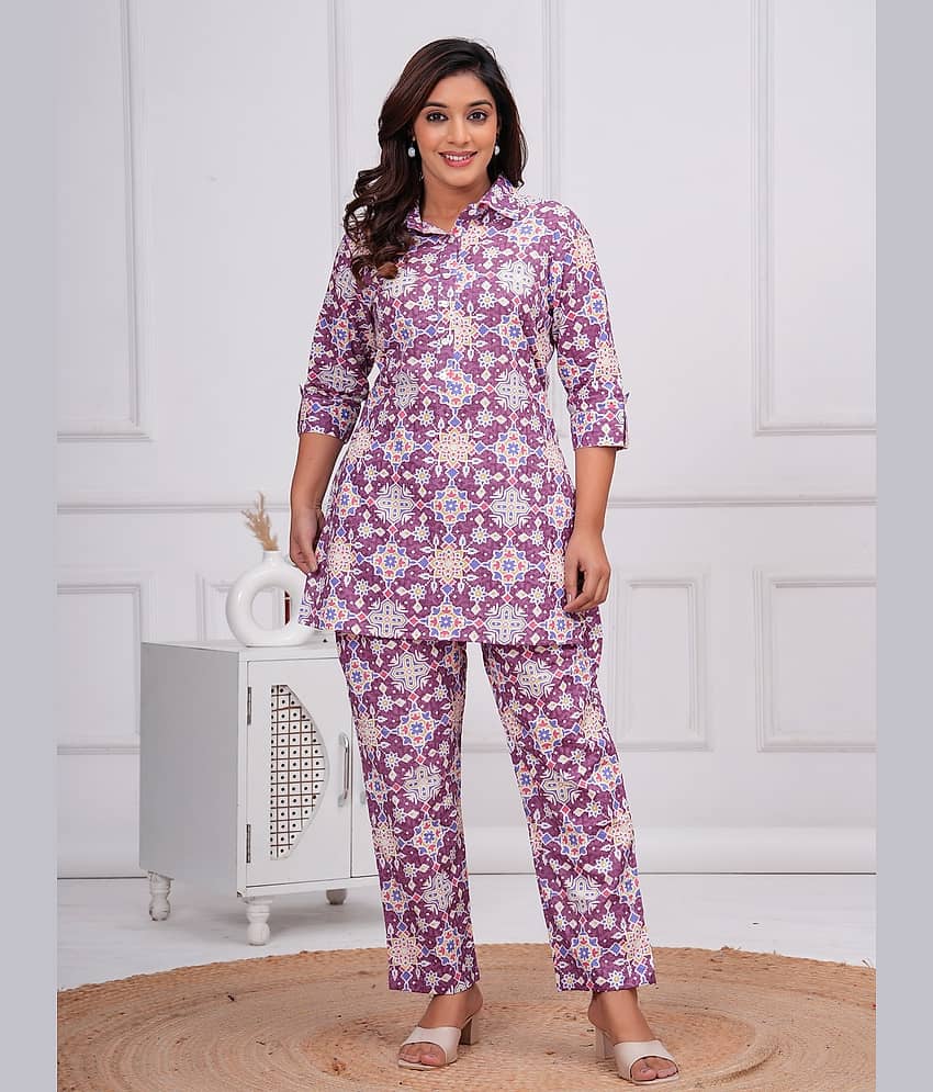 Nevisha Style Women Printed Tunic With Trousers Co-Ord Set ( Purple )
