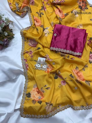 New Wedding Wear Yellow Color Pure Chinnon Silk Print Embroidery n Diamond Work Fancy Designer Saree