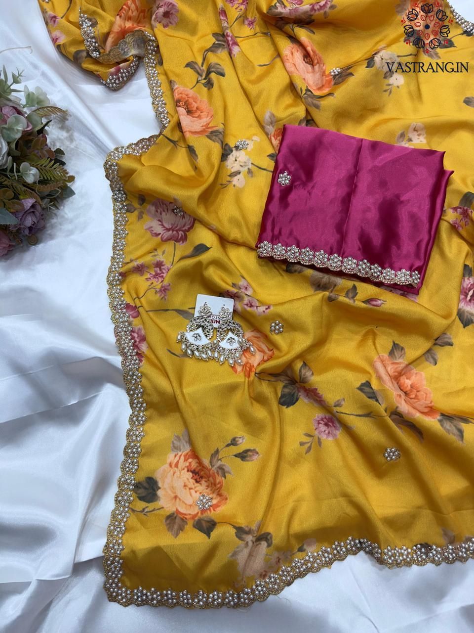 New Wedding Wear Yellow Color Pure Chinnon Silk Print Embroidery n Diamond Work Fancy Designer Saree