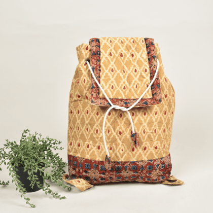 Quilted Yellow Kalamkari Backpack Bag