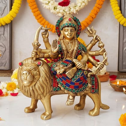 Brass Durga Ji Temple Idol - Divine Goddess Statue for Spiritual Decor, Height : 9.5 Inch (BSMAS964 A)