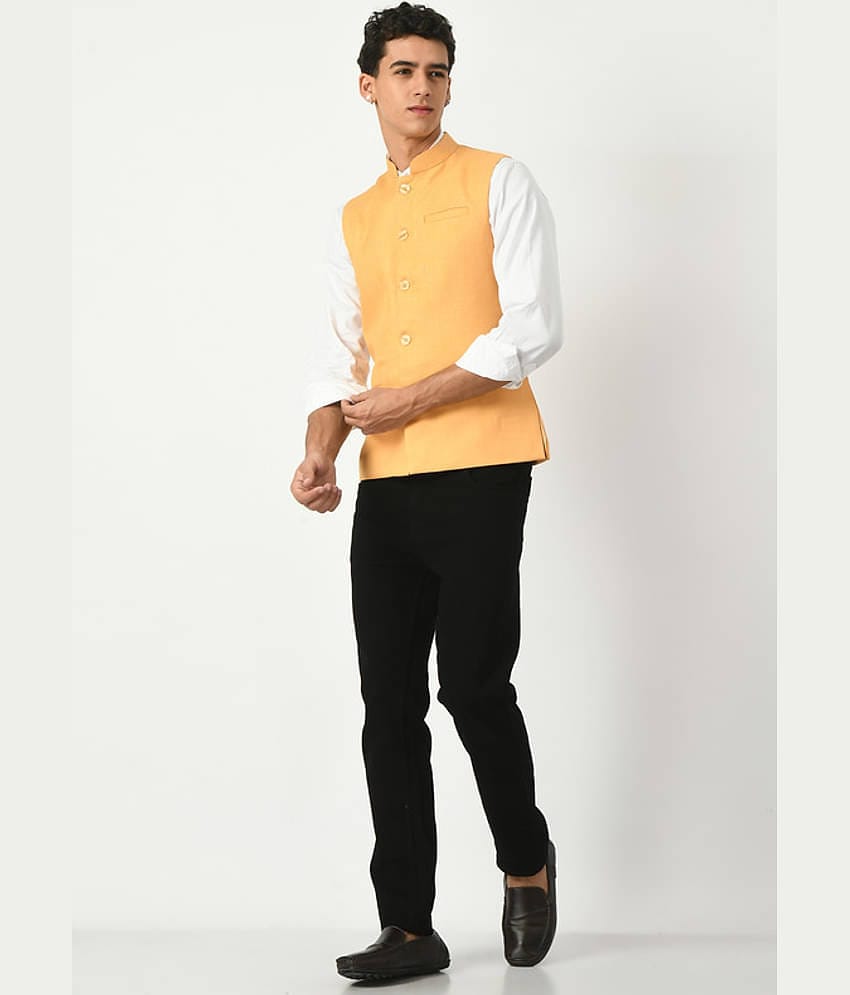IndiWeaves Yellow Cotton Blend Men's Nehru Jacket ( Pack of 1 )