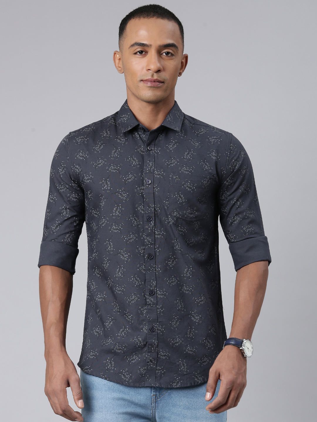 Classic Polo Bro Mens Aop Dark Grey Polo Neck Woven Slim Fit Shirt | SBP1-19 A-FS-PRT-BSL