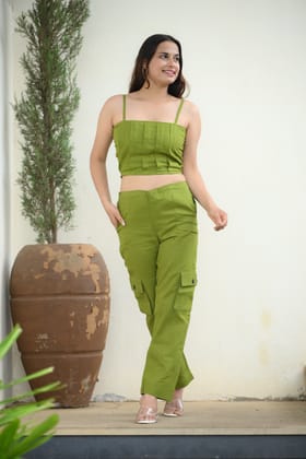 Olive Green Crop Top and Cargo Pant Coord Set-S