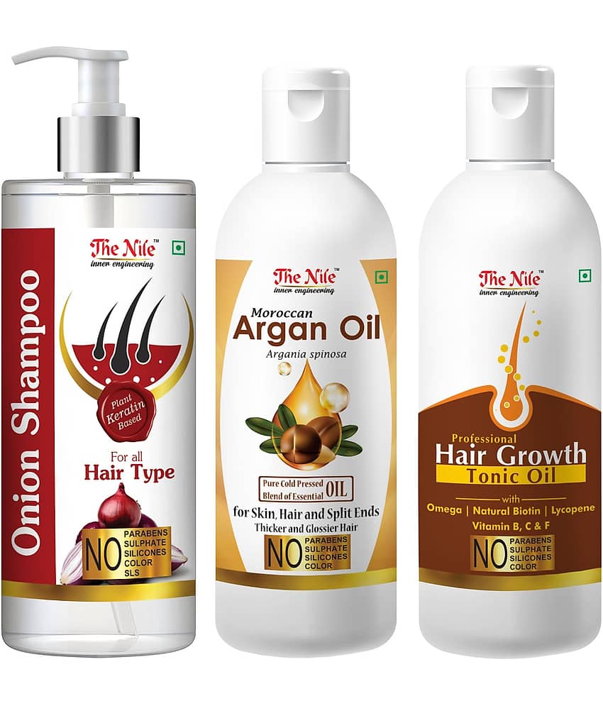 The Nile Red Onion Shampoo 200 ML + Argan 100 ML + Hair Growth Tonic 100 ML  Shampoo 400 mL Pack of 3
